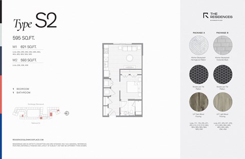 Floor plan for studio, 1 bath, 621 sqft